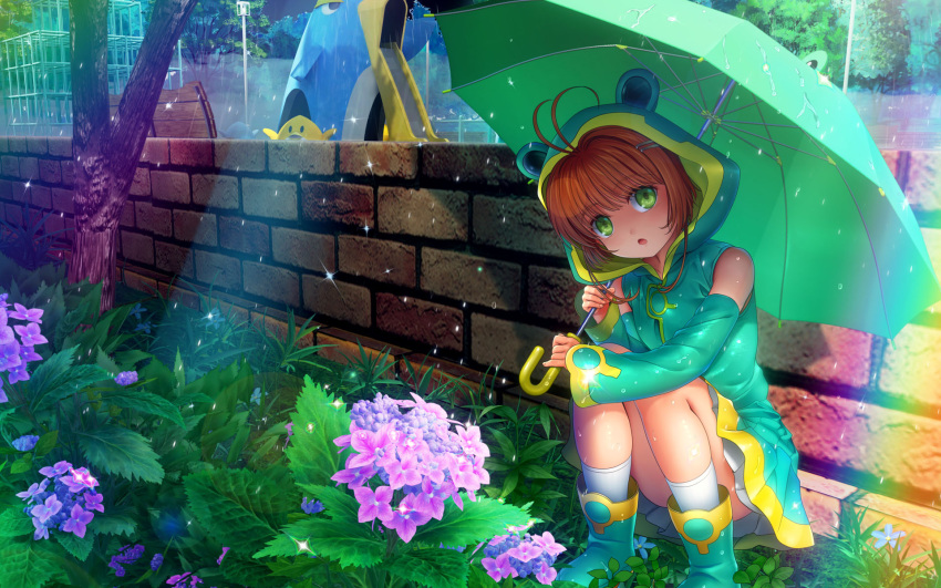 1girl animal_hood antenna_hair bangs brown_hair cardcaptor_sakura detached_sleeves flower frog_hood green_eyes highres hood hydrangea kinomoto_sakura looking_at_viewer mutsuki_(moonknives) outdoors pleated_skirt rain raincoat skirt slide solo squatting umbrella