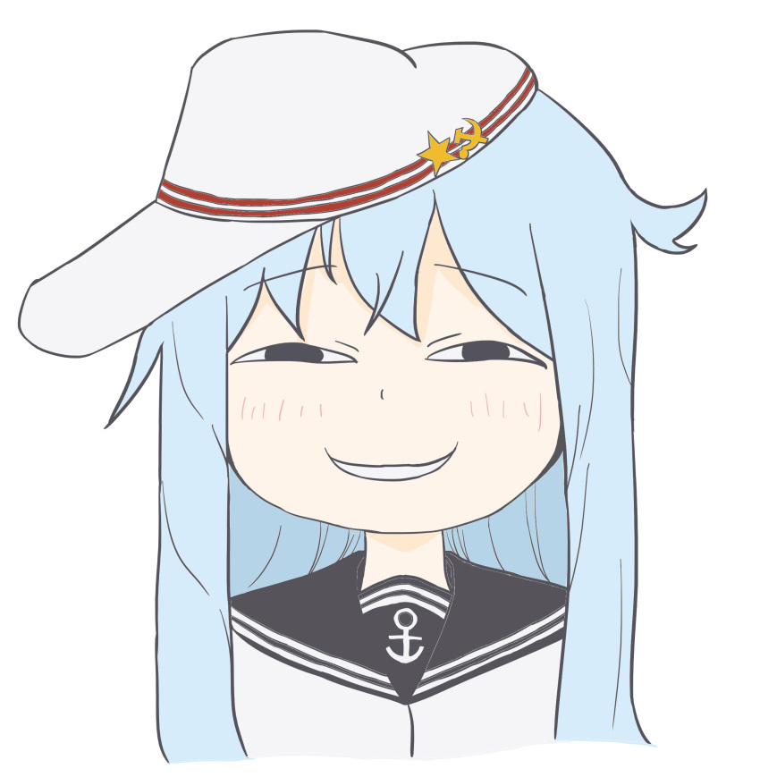 1girl absurdres anchor_symbol anya's_heh_face_(meme) black_sailor_collar flat_cap half-closed_eyes hammer_and_sickle hanyi010126 hat hibiki_(kancolle) highres kantai_collection light_blue_hair long_hair meme sailor_collar school_uniform serafuku simple_background smirk smug solo star_(symbol) upper_body verniy_(kancolle) white_background white_headwear