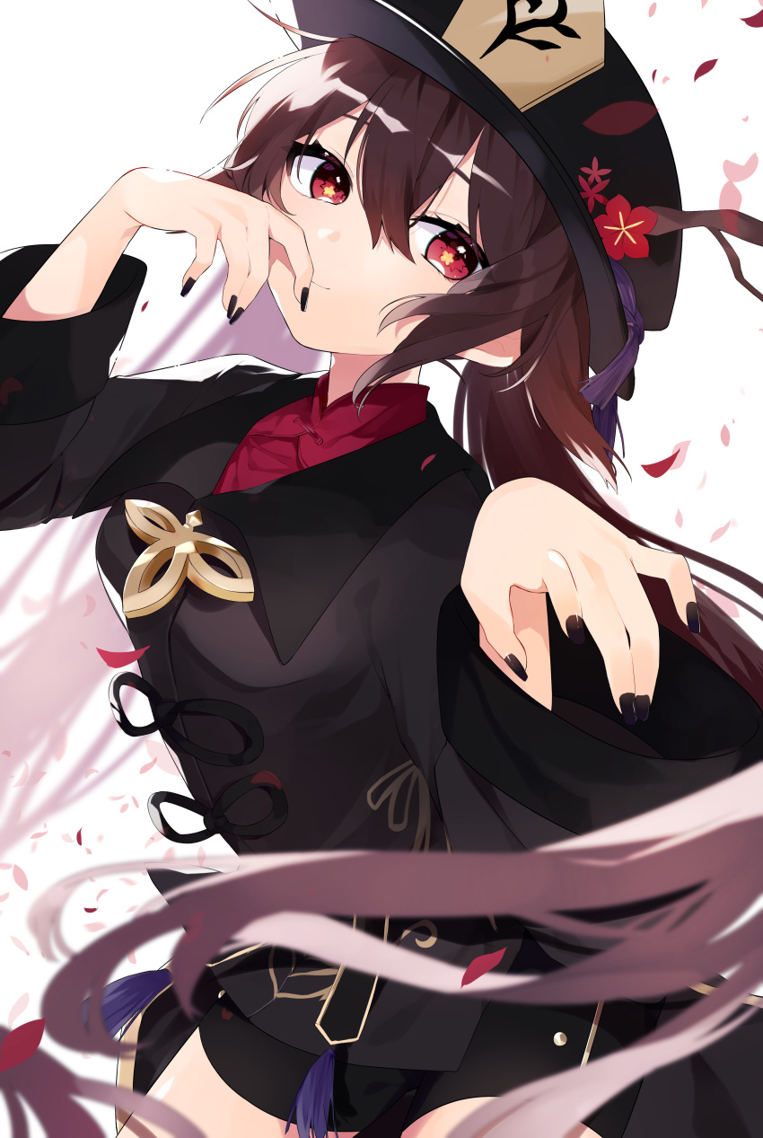 1girl absurdres black_headwear black_nails branch brown_hair cha_sakura closed_mouth fingernails flower genshin_impact hair_between_eyes hat hat_flower highres hu_tao_(genshin_impact) long_fingernails long_hair long_sleeves petals red_eyes red_flower simple_background smile solo symbol-shaped_pupils tassel very_long_fingernails very_long_hair white_background wide_sleeves