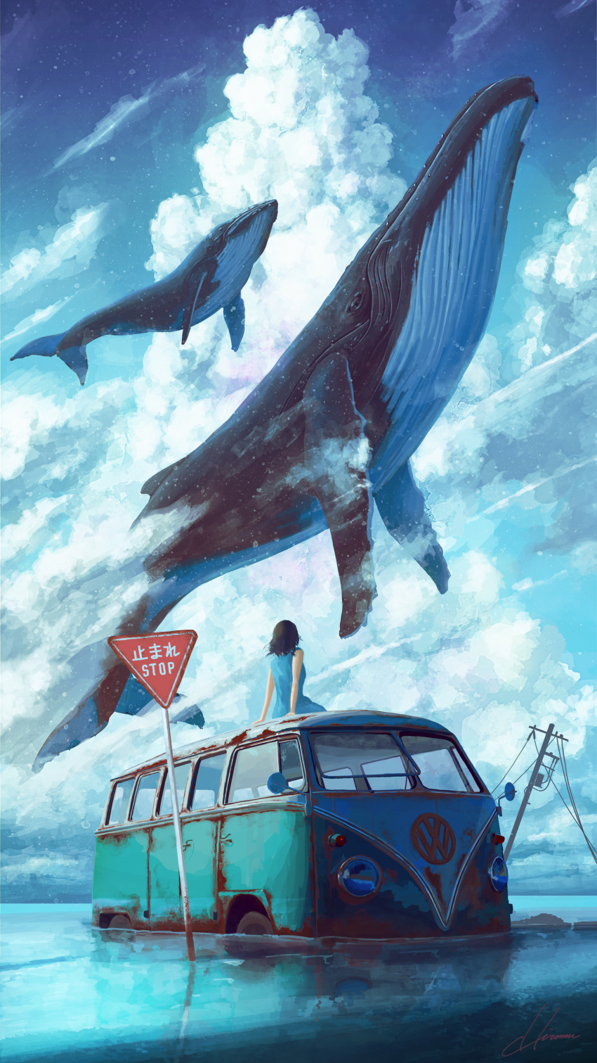 1girl absurdres black_dress blue_dress bus dress ground_vehicle highres hipy_(image_oubliees) humpback_whale long_dress motor_vehicle original road_sign sign sitting sky sleeveless sleeveless_dress utility_pole