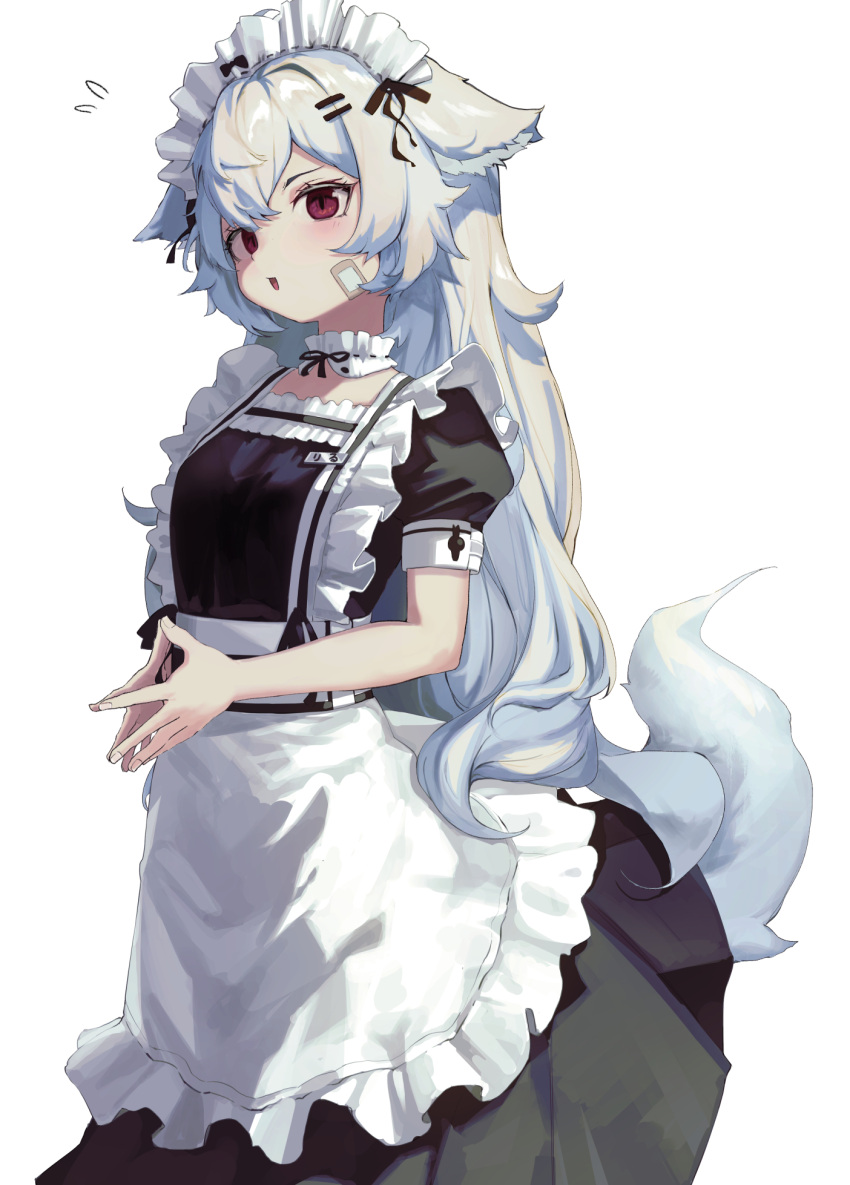 1girl :d animal_ears apron bandaid bandaid_on_cheek bandaid_on_face bangs bare_arms black_bow black_dress black_ribbon blush bow choker dress ears_down feet_out_of_frame fingernails flying_sweatdrops frilled_apron frilled_choker frills grey_hair hair_bow hair_ribbon head_tilt highres id_card long_hair looking_at_viewer maid_apron maid_headdress original own_hands_together puffy_short_sleeves puffy_sleeves red_eyes ribbon short_sleeves simple_background slit_pupils smile solo standing steepled_fingers tail timitarcat very_long_hair white_apron white_background white_hair