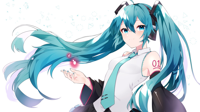 1girl absurdres ahoge aqua_hair aqua_nails aqua_necktie bare_shoulders between_breasts black_skirt blue_eyes blush breasts cha_sakura closed_mouth detached_sleeves fingernails glowing hair_between_eyes hatsune_miku headphones highres long_hair necktie necktie_between_breasts patterned patterned_background skirt smile solo triangle twintails very_long_hair vocaloid