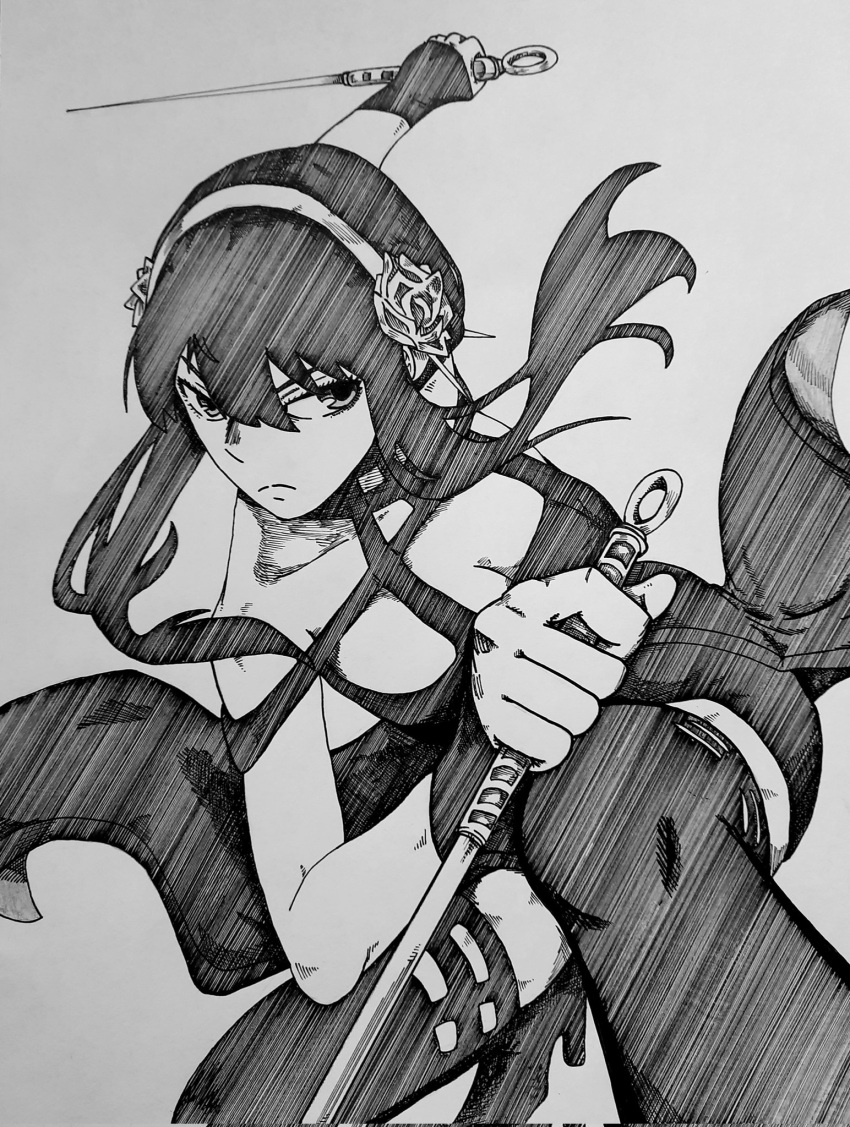 1girl bangs black_dress black_hair boots breasts crosshatching dagger dress earrings eindrawppsn eyelashes flower gold_earrings gold_hairband greyscale hatching_(texture) high_heels highres holding holding_dagger holding_weapon jewelry knife large_breasts long_bangs monochrome reverse_grip rose spy_x_family stiletto_(weapon) thick_thighs thigh_boots thighs traditional_media two-sided_dress two-sided_fabric weapon yor_briar