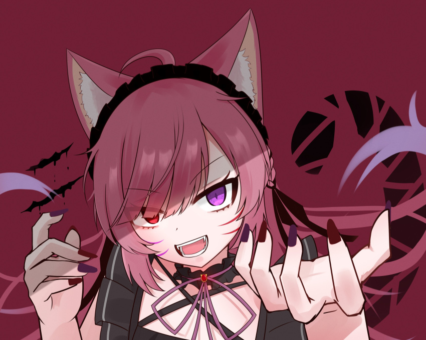 absurdres ahoge angry animal_(vocaloid) animal_ears bangs beckoning cat_ears cat_tail claw_mark collared_shirt dress facepaint facial_mark fangs fingernails frilled_dress frilled_hairband frills gothic_lolita gradient_hair hairband heterochromia highres indie_virtual_youtuber lolita_fashion magenta_background mikeneko_(utaite) milk_tea_1993 multicolored_hair open_mouth patterned_background purple_ribbon red_eyes ribbon shirt sidelocks simple_background smile tail tsurime violet_eyes whisker_markings
