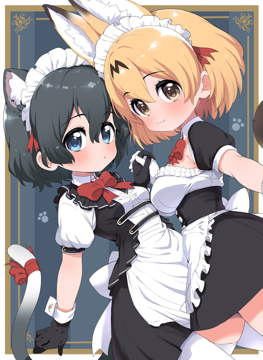 2girls :3 alternate_costume animal_ears apron black_dress black_gloves black_hair blonde_hair blue_eyes blush bow bowtie cat_ears cat_girl cat_tail closed_eyes collared_dress dress elbow_gloves enmaided extra_ears fang gloves highres holding_hands kaban_(kemono_friends) kemono_friends kemonomimi_mode maid maid_apron maid_headdress matching_outfit multiple_girls puffy_short_sleeves puffy_sleeves ransusan red_bow red_bowtie serval_(kemono_friends) short_hair short_sleeves tail tail_bow tail_ornament thigh-highs white_apron white_gloves white_legwear yellow_eyes zettai_ryouiki