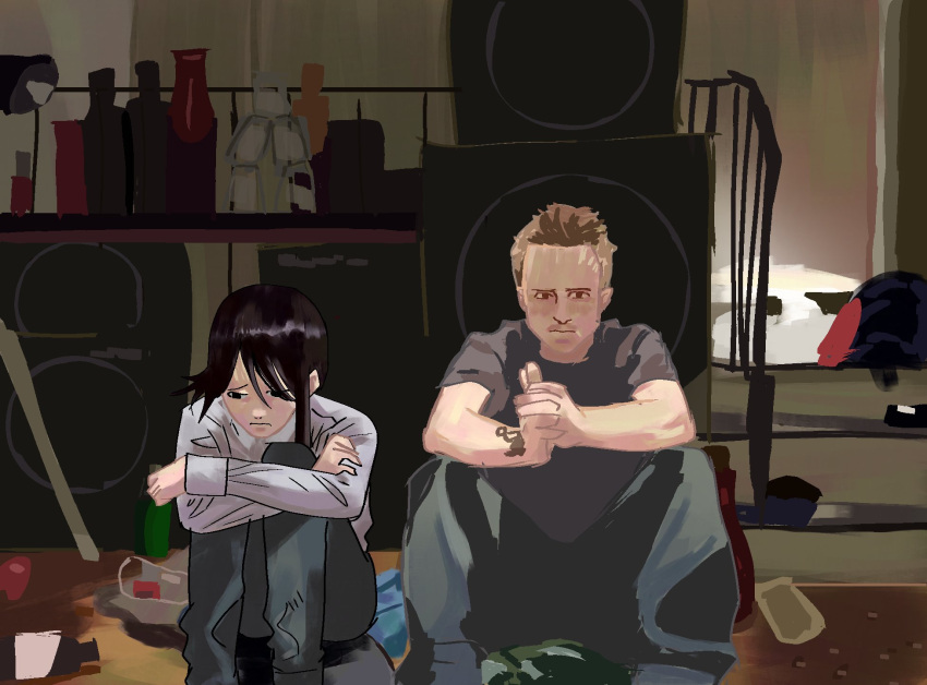 1boy 1girl bottle breaking_bad buzz_cut chainsaw_man english_commentary higashiyama_kobeni highres indoors jesse_pinkman long_sleeves mi_zukii3 pants short_hair short_sleeves sitting very_short_hair