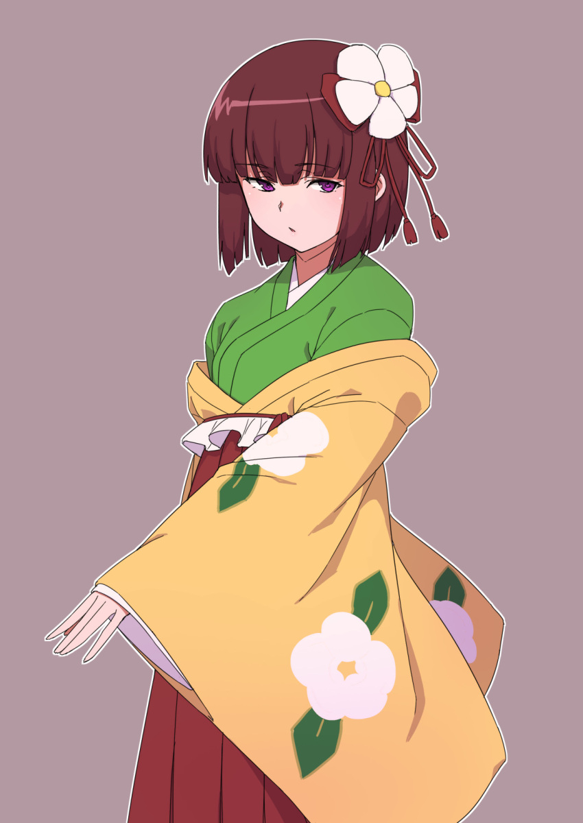 1girl brown_background floral_print flower green_kimono hair_flower hair_ornament hakama hakama_skirt hieda_no_akyuu highres japanese_clothes kakone kimono looking_at_viewer one-hour_drawing_challenge open_mouth purple_hair red_skirt short_hair simple_background skirt solo standing touhou violet_eyes wide_sleeves