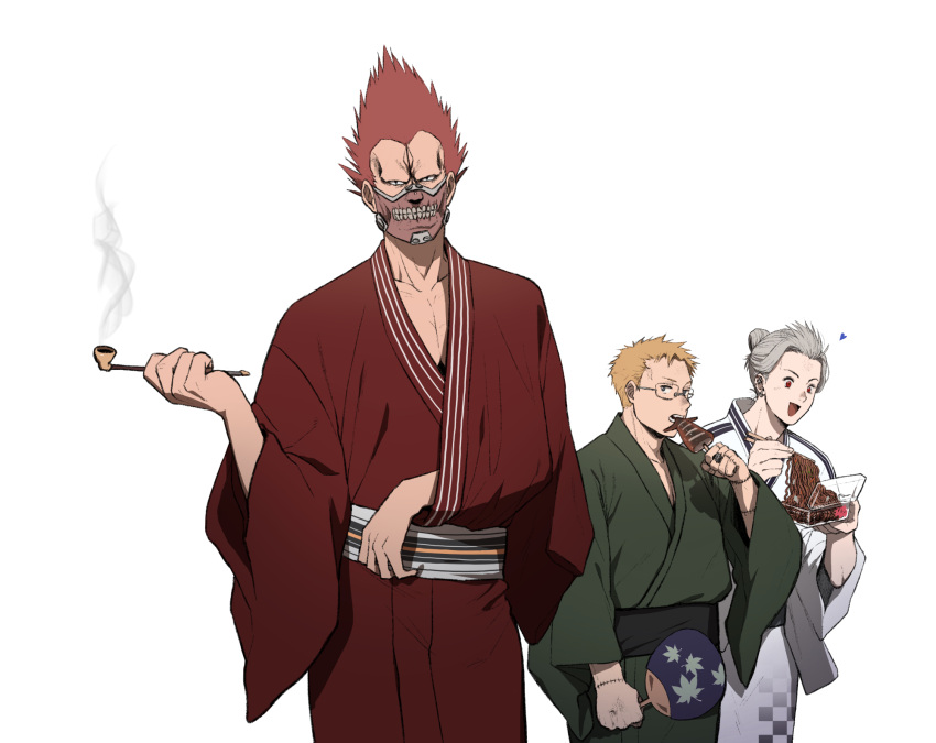 1girl 2boys :d arm_out_of_sleeve biting blonde_hair box chopsticks dorohedoro earrings eating en_(dorohedoro) facial_mark food forehead_mark glasses green_kimono grey_hair hair_bun hand_fan hand_up happy heart highres holding holding_chopsticks holding_fan holding_food holding_smoking_pipe ikayaki japanese_clothes jewelry ki_(mxxxx) kimono long_sleeves looking_at_viewer mask mouth_mask multiple_boys noi_(dorohedoro) noodles open_mouth paper_fan red_eyes red_kimono redhead sash shin_(dorohedoro) short_hair simple_background single_hair_bun smile smoke smoking_pipe stitched_arm uchiwa updo white_background yakisoba yukata