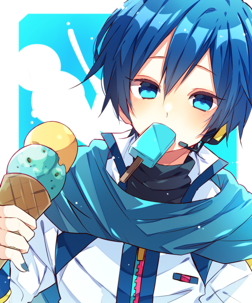 1boy bangs blue_eyes blue_hair blush coat double_scoop food food_in_mouth hand_up headphones headset highres holding_ice_cream ice_cream ice_cream_cone kaho_0102 kaito_(vocaloid) long_sleeves looking_at_viewer nail_polish popsicle_in_mouth scarf short_hair solo vocaloid zipper