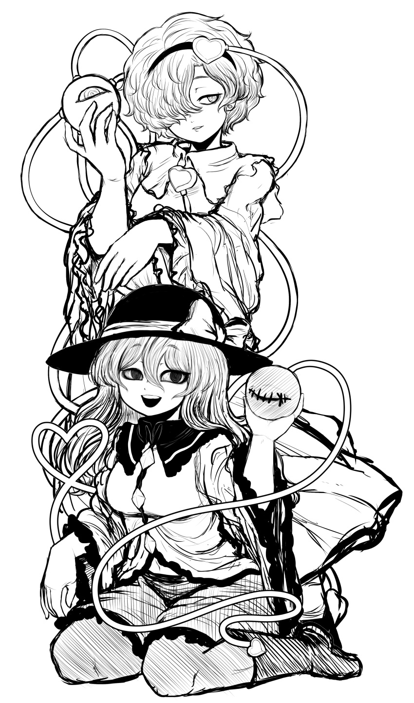 2girls absurdres boots bow breasts buttons commentary_request diamond_button eyeball frilled_shirt_collar frilled_skirt frilled_sleeves frills full_body greyscale hair_ornament hair_over_one_eye hat hat_bow heart heart_hair_ornament heart_of_string highres komeiji_koishi komeiji_satori long_sleeves looking_at_viewer medium_breasts messy_hair miazuma_sarin monochrome multiple_girls open_mouth short_hair siblings simple_background sisters skirt smile third_eye touhou wavy_hair wide_sleeves