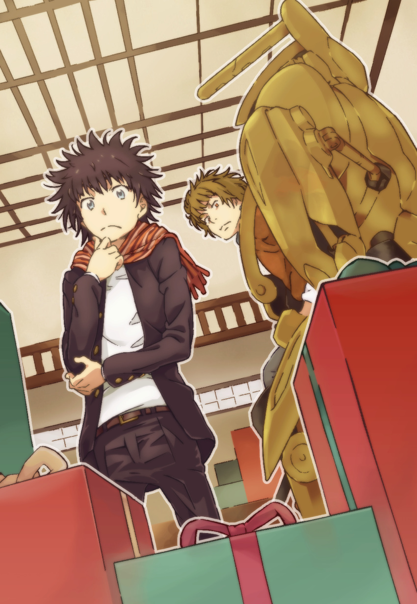 2boys belt black_hair black_jacket black_pants box brown_belt brown_eyes brown_hair brown_jacket closed_mouth colorized commentary externally_piloted_mecha feet_out_of_frame from_below from_side gazing_eye gift gift_box grey_pants haimura_kiyotaka hamazura_shiage hand_up highres indoors jacket kamijou_touma long_sleeves looking_at_viewer looking_down looking_to_the_side machinery mecha multiple_boys novel_illustration official_art open_clothes open_jacket orange_scarf pants robot scarf science_fiction shirt short_hair spiky_hair spoilers standing toaru_majutsu_no_index toaru_majutsu_no_index:_new_testament white_shirt