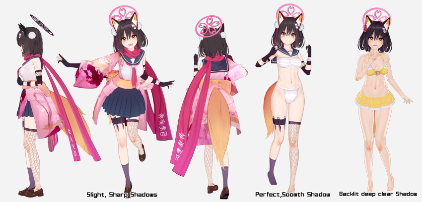 1girl 3d :d animal_ear_fluff animal_ears asymmetrical_gloves bangs bikini black_gloves black_hair black_skirt blue_archive blush breasts brown_eyes commentary_request elbow_gloves ellenlaire fang fox_ears fox_girl fox_tail gloves hair_between_eyes halo happy highres izuna_(blue_archive) koikatsu_(medium) long_sleeves looking_at_viewer mask mask_on_head medium_breasts multiple_persona partially_fingerless_gloves shirt single_thighhigh skirt sleeveless sleeveless_shirt smile solo swimsuit tail thigh-highs weapon white_background white_shirt wide_sleeves