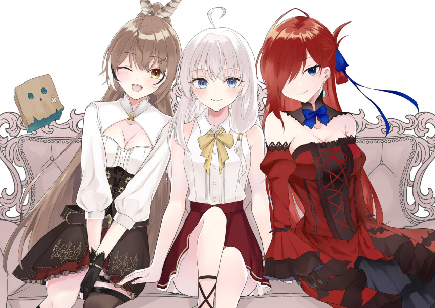 3girls ahoge bangs belt blue_eyes blue_ribbon brown_corset brown_eyes brown_hair cleavage_cutout clothing_cutout collared_shirt corset couch crystal_earrings detached_collar detached_sleeves dress earrings elaina_(majo_no_tabitabi) feather_hair_ornament feathers friend_(nanashi_mumei) frilled_shirt frilled_sleeves frills gloves hair_between_eyes hair_ornament hair_over_one_eye hair_ribbon hairclip highres hololive hololive_english jewelry long_hair looking_at_viewer loud0715 majo_no_tabitabi multicolored_hair multiple_girls nanashi_mumei neck_ribbon one_eye_closed partially_fingerless_gloves pleated_skirt ponytail red_dress red_skirt redhead ribbon riviere_(inori_no_kuni_no_riviere) shirt single_thighhigh sitting skirt sleeveless sleeveless_shirt smile streaked_hair thigh-highs thigh_strap very_long_hair virtual_youtuber white_hair white_shirt witch yellow_ribbon