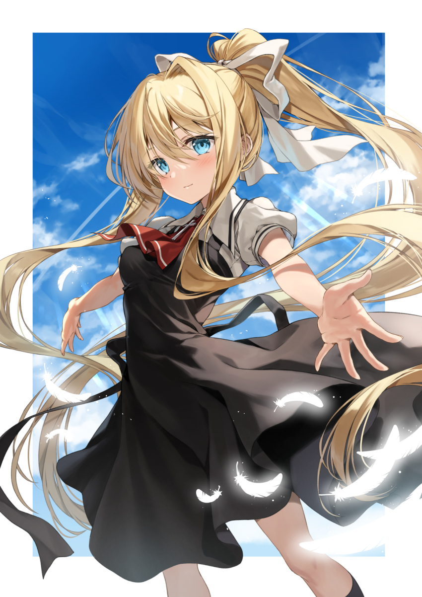 air black_dress blonde_hair blue_eyes blue_sky clouds dress feet_out_of_frame hair_ribbon highres kakao_rantan kamio_misuzu long_hair necktie outstretched_arms pinafore_dress ponytail red_necktie ribbon school_uniform shirt sky white_shirt