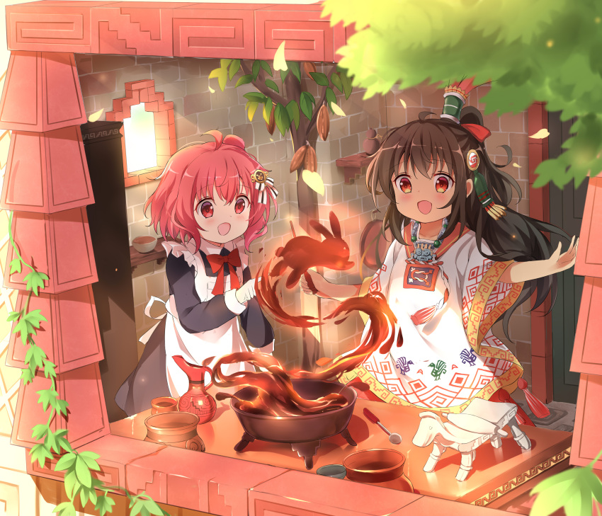 2girls :d absurdres ahoge apron aztec bangs black_dress blush bow brick_wall brown_hair chocolate commentary_request dark-skinned_female dark_skin dress frilled_apron frills hair_between_eyes hair_ornament highres holding holding_wand jug long_hair long_sleeves maid maid_apron mexico multiple_girls one_side_up original poncho red_bow red_eyes redhead smile spoon stick_jitb wand white_apron window