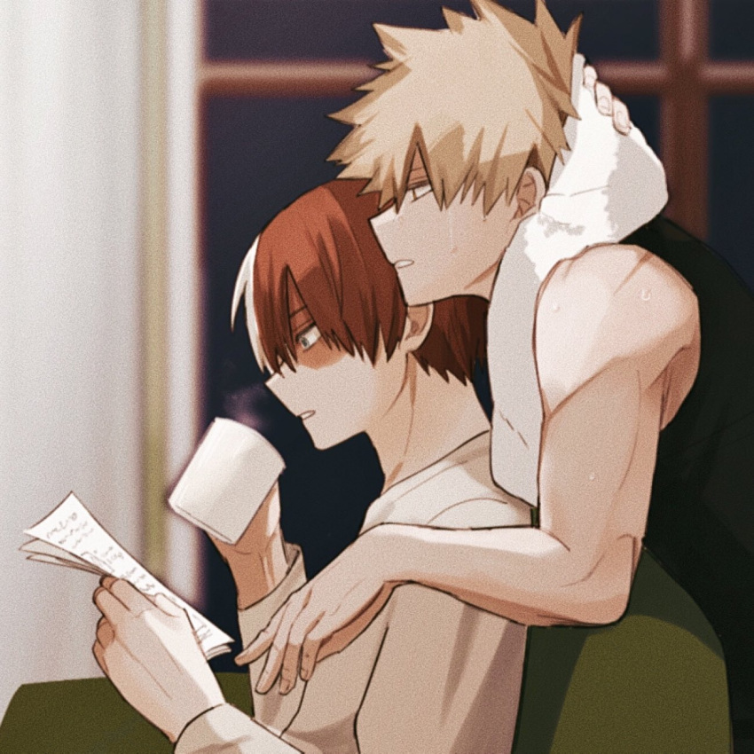 2boys bakugou_katsuki black_tank_top blonde_hair blurry blurry_background boku_no_hero_academia burn_scar coffee_mug couch cup drinking highres holding holding_cup kun_mha leaning_on_object male_focus mug multicolored_hair multiple_boys paper reading red_eyes redhead scar scar_on_face sitting spiky_hair sweat tank_top todoroki_shouto towel towel_around_neck two-tone_hair white_hair window