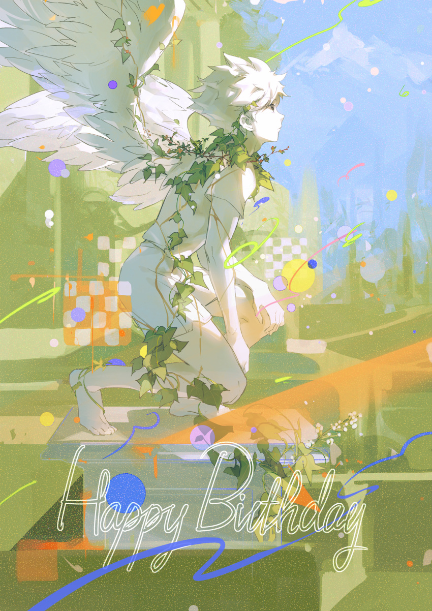 1boy abstract_background alternate_hair_color angel_wings balabling barefoot closed_mouth feathered_wings flower haikyuu!! happy_birthday highres hinata_shouyou looking_afar one_knee plant shirt short_hair short_sleeves shorts solo vines white_hair white_shirt white_shorts wings