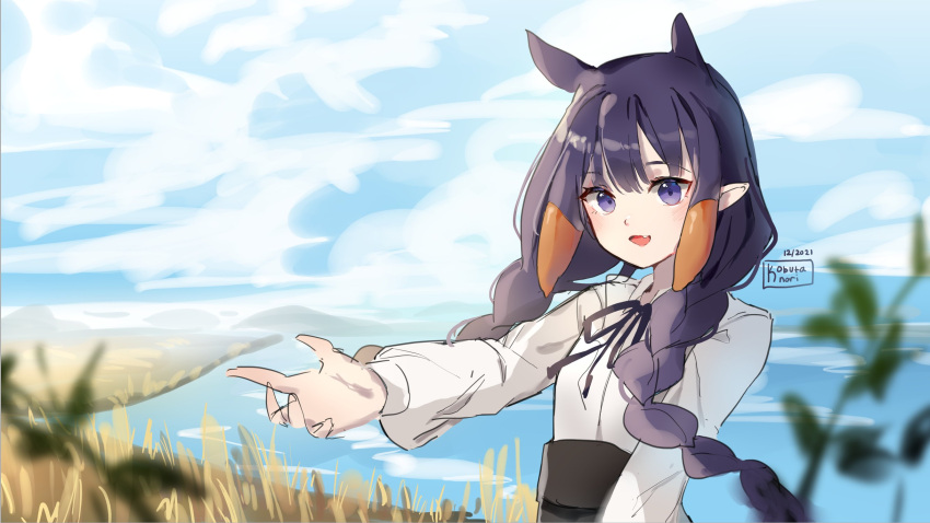 1girl :d bangs black_ribbon black_skirt blue_sky blurry blurry_foreground braid brown_hair clouds cloudy_sky collared_shirt commentary dated day depth_of_field dress_shirt english_commentary high-waist_skirt highres hololive hololive_english kobutanori lake long_hair long_sleeves looking_at_viewer multicolored_hair neck_ribbon ninomae_ina'nis outdoors outstretched_arm pointy_ears puffy_long_sleeves puffy_sleeves purple_hair ribbon shirt signature skirt sky smile solo twin_braids two-tone_hair upper_body very_long_hair virtual_youtuber water white_shirt