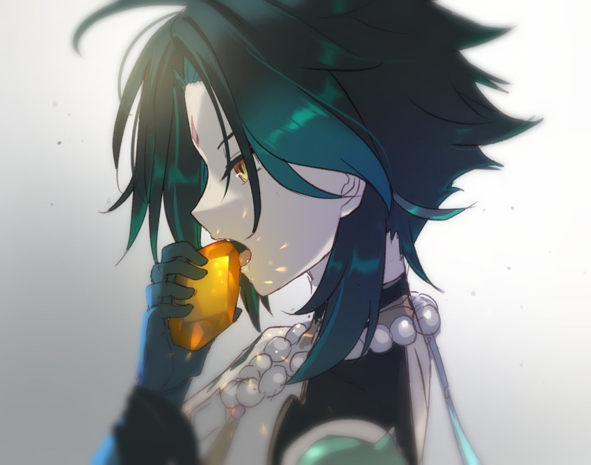 1boy arm_tattoo bead_necklace beads biting black_hair blue_hair commentary_request facial_mark fangs forehead_mark from_side gem genshin_impact gloves gradient_hair green_hair hinohagohann holding jewelry male_focus multicolored_hair necklace open_mouth orange_eyes profile saliva simple_background solo tassel tattoo upper_body xiao_(genshin_impact)