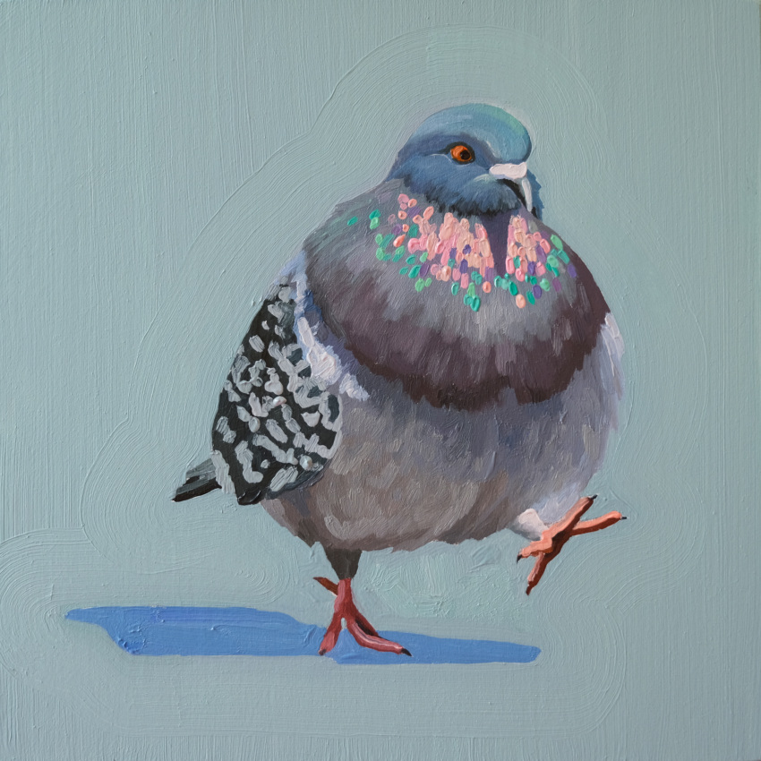 absurdres animal animal_focus aqua_background bird english_commentary feathers highres leah_gardner no_humans original painting_(medium) pigeon red_eyes shadow simple_background standing standing_on_one_leg traditional_media