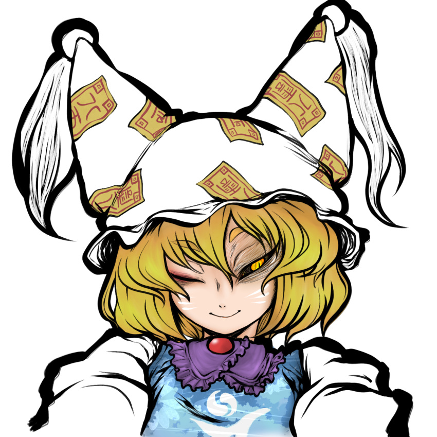 1girl bangs black_sclera blonde_hair closed_mouth colored_sclera commentary_request dress eyebrows_visible_through_hair facial_mark hair_between_eyes hat highres looking_down miazuma_sarin one_eye_closed orange_eyes pillow_hat short_hair simple_background slit_pupils smile solo touhou upper_body whisker_markings white_background white_dress white_headwear yakumo_ran