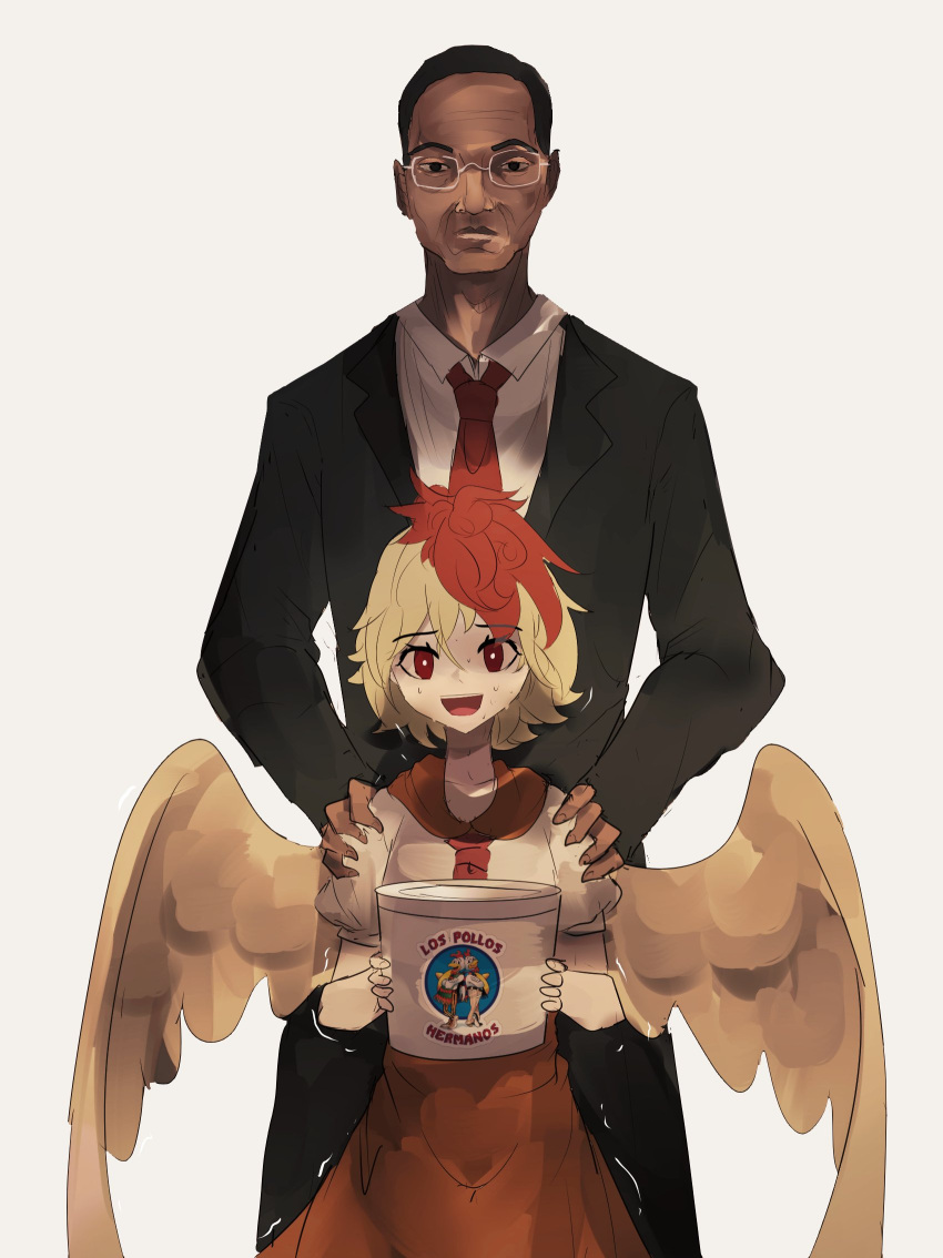 1boy 1girl bird bird_wings black_suit blonde_hair breaking_bad bright_pupils brown_eyes chicken collared_shirt cropped_legs dark-skinned_male dark_skin dress expressionless eyebrows_visible_through_hair formal glasses gustavo_fring hair_between_eyes hands_on_another's_shoulders height_difference highres holding logo long_sleeves looking_at_viewer loose_necktie los_pollos_hermanos multicolored_hair naufaldreamer necktie nervous nervous_smile niwatari_kutaka old old_man open_mouth orange_dress puffy_short_sleeves puffy_sleeves red_eyes red_necktie redhead shirt short_sleeves simple_background solo standing suit sweat sweating_profusely teeth touhou trembling two-tone_hair white_background white_pupils white_shirt wings yellow_wings
