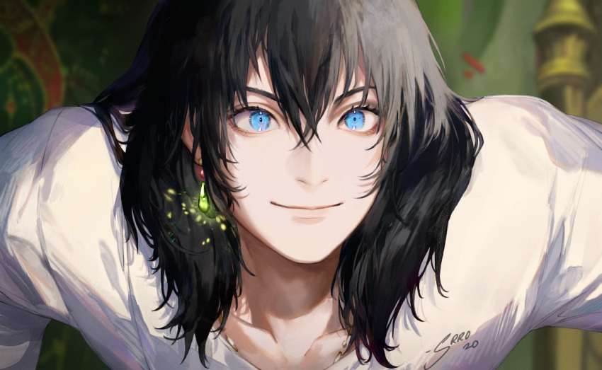 1boy bangs black_hair blue_eyes collarbone commentary crossed_bangs dated earrings english_commentary gem green_gemstone hair_between_eyes howl_(howl_no_ugoku_shiro) howl_no_ugoku_shiro jewelry leaning_forward long_sleeves looking_at_viewer male_focus medium_hair necklace necklace_under_clothes shirt sidelocks signature smile solo srro_yo toned toned_male white_shirt