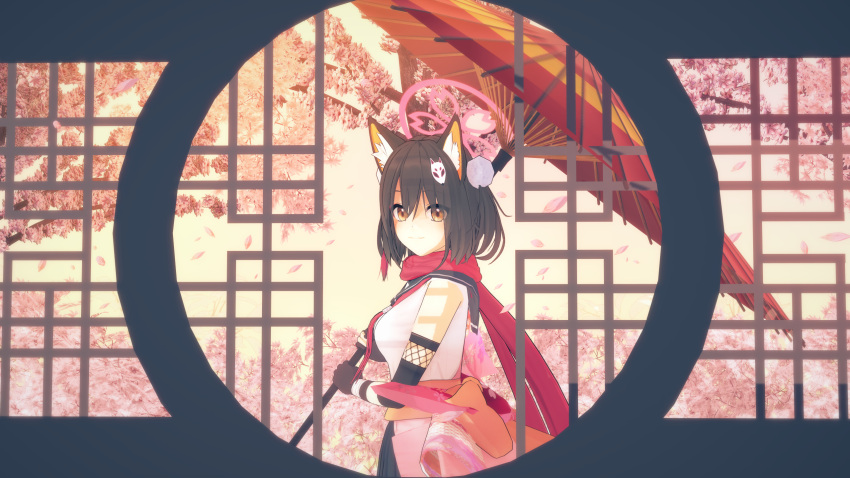 1girl 3d :d animal_ear_fluff animal_ears asymmetrical_gloves bangs black_gloves black_hair black_skirt blue_archive blush breasts brown_eyes commentary_request elbow_gloves ellenlaire fang fox_ears fox_girl fox_tail gloves hair_between_eyes halo happy highres izuna_(blue_archive) koikatsu_(medium) long_sleeves looking_at_viewer mask mask_on_head medium_breasts oil-paper_umbrella partially_fingerless_gloves shirt single_thighhigh skirt sleeveless sleeveless_shirt smile solo tail thigh-highs umbrella weapon white_background white_shirt wide_sleeves
