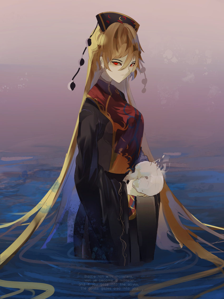 1girl absurdres black_dress blonde_hair breasts chinese_clothes crescent dress english_text fog gradient gradient_background hair_between_eyes highres holding holding_skull junko_(touhou) light_frown long_hair long_sleeves looking_at_viewer naufaldreamer phoenix_crown pom_pom_(clothes) red_eyes ripples skull solo tabard touhou very_long_hair wading water wide_sleeves
