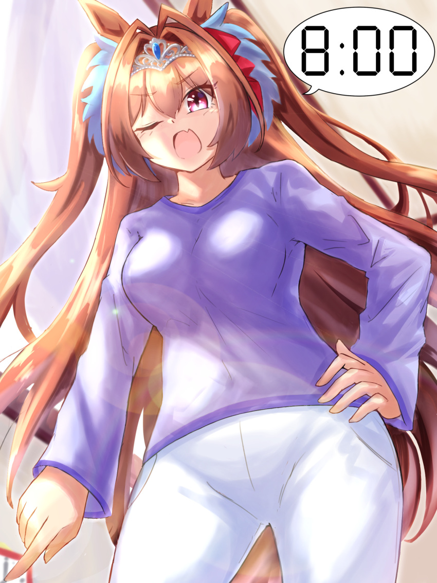 1girl animal_ears breasts brown_hair casual commentary_request daiwa_scarlet_(umamusume) fang highres horse_ears horse_girl horse_tail large_breasts long_hair one_eye_closed open_mouth pants ryuhirohumi simple_background tail tiara timestamp umamusume