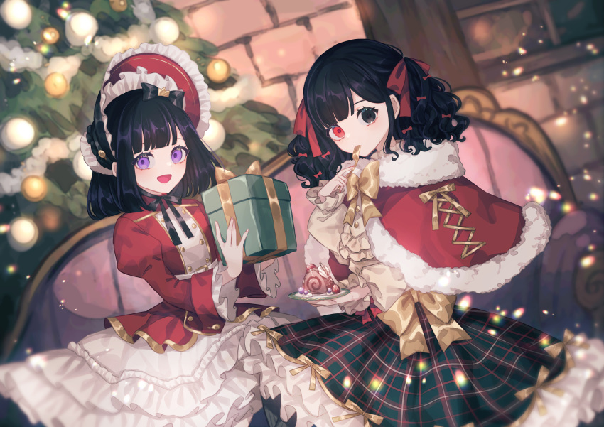 2girls :d absurdres akikawa_higurashi bangs black_eyes black_hair blueberry blunt_bangs blush bonnet bow bowtie brick_wall cake capelet christmas christmas_ornaments christmas_tree collet_(akikawa_higurashi) couch cream food fork frills fruit fur-trimmed_capelet fur_collar fur_trim hair_bow hair_ribbon hand_up heterochromia highres holding holding_fork holding_plate indoors juliet_sleeves light_particles lolita_fashion long_sleeves looking_at_viewer medium_hair multiple_girls neck_ribbon open_mouth original petticoat plaid plaid_skirt plate puffy_sleeves red_eyes ribbon sitting skirt smile strawberry striped striped_legwear swiss_roll tinsel twintails utensil_in_mouth violet_eyes wafer_stick wavy_hair window