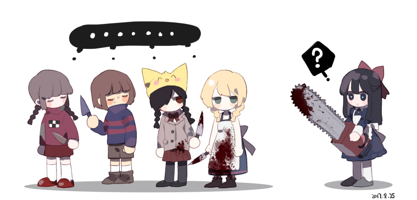 ... 1other 4girls ? animal_hat apron asphyxia17 aya_drevis black_eyes black_hair blood blood_on_weapon bloody_apron blue_dress blue_sweater bow braid brown_footwear brown_hair brown_shorts cat_hat chainsaw chibi closed_eyes closed_mouth dress frisk_(undertale) hair_over_one_eye hat highres holding holding_chainsaw holding_knife knife kurai_yonaka long_hair long_sleeves mad_father madotsuki majo_no_ie mogeko_(mogeko_castle) mogeko_castle multiple_girls pink_sweater red_bow red_skirt shorts skirt smile socks speech_bubble spoken_ellipsis spoken_question_mark sweater trait_connection twin_braids undertale viola_(majo_no_ie) weapon white_apron white_background white_legwear yume_nikki