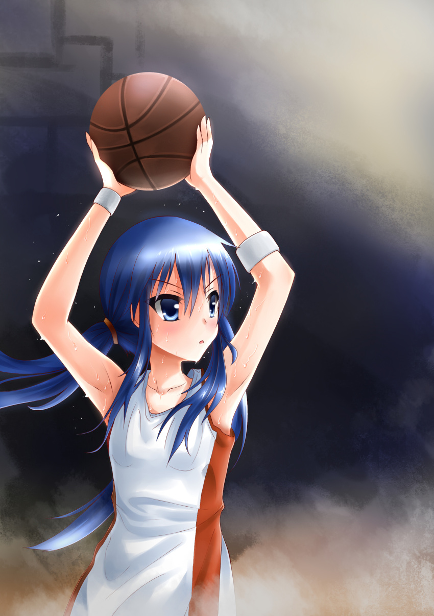 1girl armband armpits basketball basketball_ball basketball_uniform black_background blue_eyes blue_hair hand_up looking_at_another original solo sweat sweating sweating_profusely