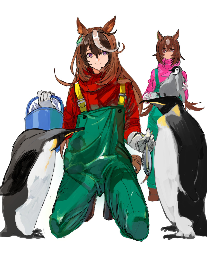 2girls absurdres animal animal_ears bangs bird brown_hair bucket closed_mouth fish gloves highres holding holding_animal holding_fish horse_ears horse_girl horse_tail itou_(golem_inc) jumpsuit kneeling long_hair multicolored_hair multiple_girls overalls penguin shaded_face simple_background sirius_symboli_(umamusume) smile solo_focus streaked_hair symboli_rudolf_(umamusume) tail umamusume violet_eyes white_background white_gloves