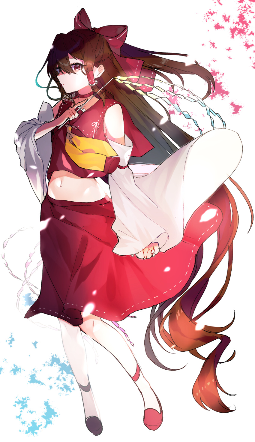 1girl absurdres bare_shoulders bow brown_hair cha_sakura choker closed_mouth collarbone detached_sleeves eyelashes glowing hair_between_eyes hair_bow hakurei_reimu highres holding long_eyelashes long_hair navel red_bow red_choker red_eyes red_footwear sleeves_past_wrists solo touhou very_long_hair