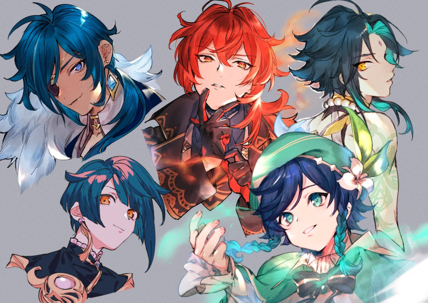 5boys adjusting_clothes adjusting_gloves aqua_hair arm_tattoo bangs bead_necklace beads black_hair blue_eyes blue_hair bow braid cape closed_mouth cropped_shoulders dark-skinned_male dark_skin diluc_(genshin_impact) earrings eyepatch facial_mark flower forehead_mark genshin_impact gloves green_headwear grey_background hat hat_flower jacket jewelry kaeya_(genshin_impact) long_hair long_sleeves male_focus multicolored_hair multiple_boys necklace orange_eyes parted_lips red_eyes redhead sachico66 simple_background single_earring tassel tassel_earrings tattoo twin_braids venti_(genshin_impact) white_flower xiao_(genshin_impact) xingqiu_(genshin_impact) yellow_eyes