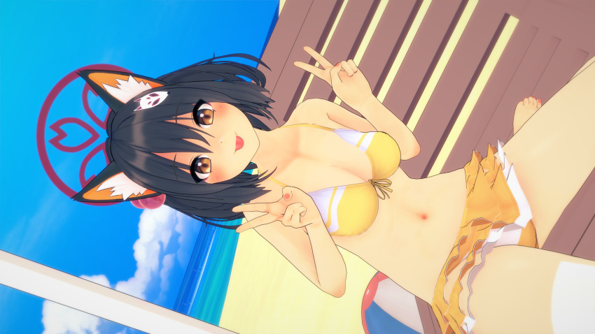 1girl 3d :d alternate_costume animal_ear_fluff animal_ears bangs bikini black_gloves blue_archive blush breasts brown_eyes brown_hair commentary_request elbow_gloves ellenlaire fang fox_ears fox_girl fox_tail gloves hair_between_eyes halo happy highres izuna_(blue_archive) koikatsu_(medium) long_sleeves looking_at_viewer mask mask_on_head medium_breasts shirt single_thighhigh skirt sleeveless sleeveless_shirt smile solo swimsuit tail thigh-highs weapon white_background white_shirt wide_sleeves