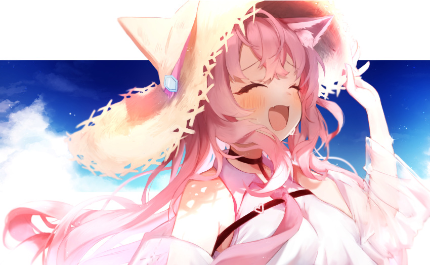 1girl :d absurdres animal_ear_fluff animal_ears arm_up bangs bare_shoulders black_choker blue_sky blush choker closed_eyes hakui_koyori hat highres hololive long_hair long_sleeves mashiro_io necktie pink_hair pink_necktie portrait see-through see-through_sleeves shirt sky sleeveless sleeveless_shirt smile solo straw_hat virtual_youtuber white_shirt