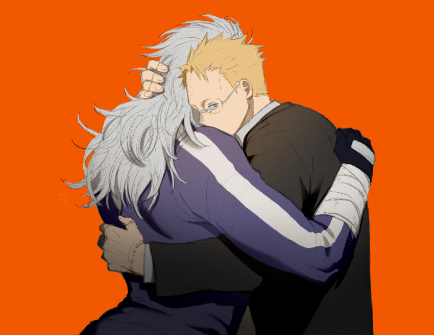 1boy 1girl arm_wrap black_gloves black_jacket blonde_hair blue_eyes blue_jacket collared_shirt dorohedoro formal glasses gloves grey_hair hand_on_another's_back hand_on_another's_head highres hug jacket ki_(mxxxx) long_hair long_sleeves looking_at_viewer noi_(dorohedoro) red_background shin_(dorohedoro) shirt short_hair sideways_glance simple_background stitched_fingers stitched_hand suit track_suit upper_body white_shirt