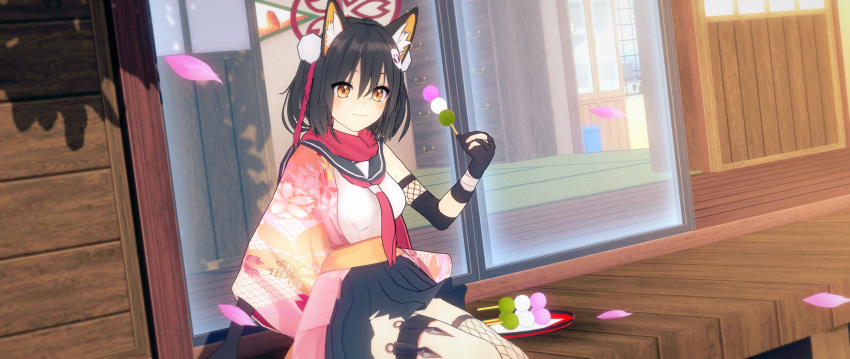 1girl 3d :d animal_ear_fluff animal_ears asymmetrical_gloves bangs black_gloves black_hair black_skirt blue_archive blush breasts brown_eyes commentary_request elbow_gloves ellenlaire fang food fox_ears fox_girl fox_tail gloves hair_between_eyes halo happy highres ice_cream izuna_(blue_archive) koikatsu_(medium) long_sleeves looking_at_viewer mask mask_on_head medium_breasts partially_fingerless_gloves shirt single_thighhigh skirt sleeveless sleeveless_shirt smile solo tail thigh-highs weapon white_background white_shirt wide_sleeves