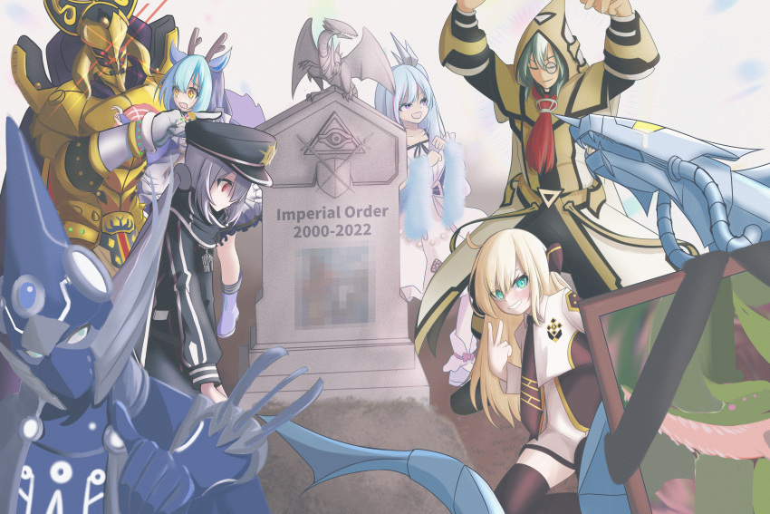 1other 3boys 4girls absurdres aleister_the_invoker arms_up black_hair black_shirt blonde_hair blue-eyes_white_dragon blue_hair censored chinese_commentary cyber_dragon death5034 decode_talker dragon_girl dragon_horns duel_monster eldlich_the_golden_lord english_text extra_eyes eye_of_horus gameplay_mechanics glowing glowing_eyes grant_gustin_next_to_oliver_queen's_grave_(meme) grave green_eyes green_hair hat highres horns imperial_order kneeling laundry_dragonmaid looking_at_viewer mecha meme military military_hat military_uniform monocle mosaic_censoring multiple_boys multiple_girls object_request photo-referenced pointing_at_another portrait_(object) predaplant_verte_anaconda red_eyes robe robot shirt sky_striker_ace_-_raye sky_striker_ace_-_roze smile tears thumbs_up tombstone uniform v white_shirt witchcrafter_madame_verre yu-gi-oh!