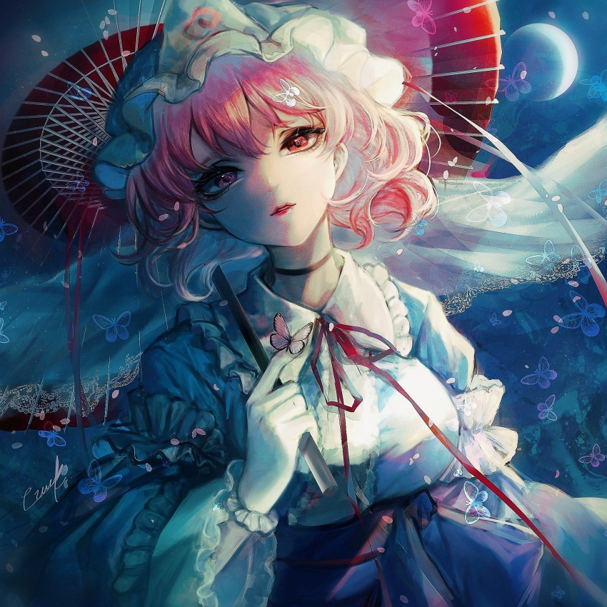 1girl blue_butterfly blue_kimono breasts bug butterfly butterfly_on_hand center_frills choker commentary_request eyebrows_behind_hair frilled_kimono frilled_shirt_collar frills full_moon gloves hand_up hat head_tilt highres holding holding_umbrella japanese_clothes kimono kyogoku-uru large_breasts lipstick long_sleeves looking_at_viewer makeup mob_cap moon neck_ribbon night parasol parted_lips pink_eyes pink_hair red_ribbon ribbon saigyouji_yuyuko short_hair signature solo touhou triangular_headpiece umbrella under_umbrella upper_body white_gloves wide_sleeves