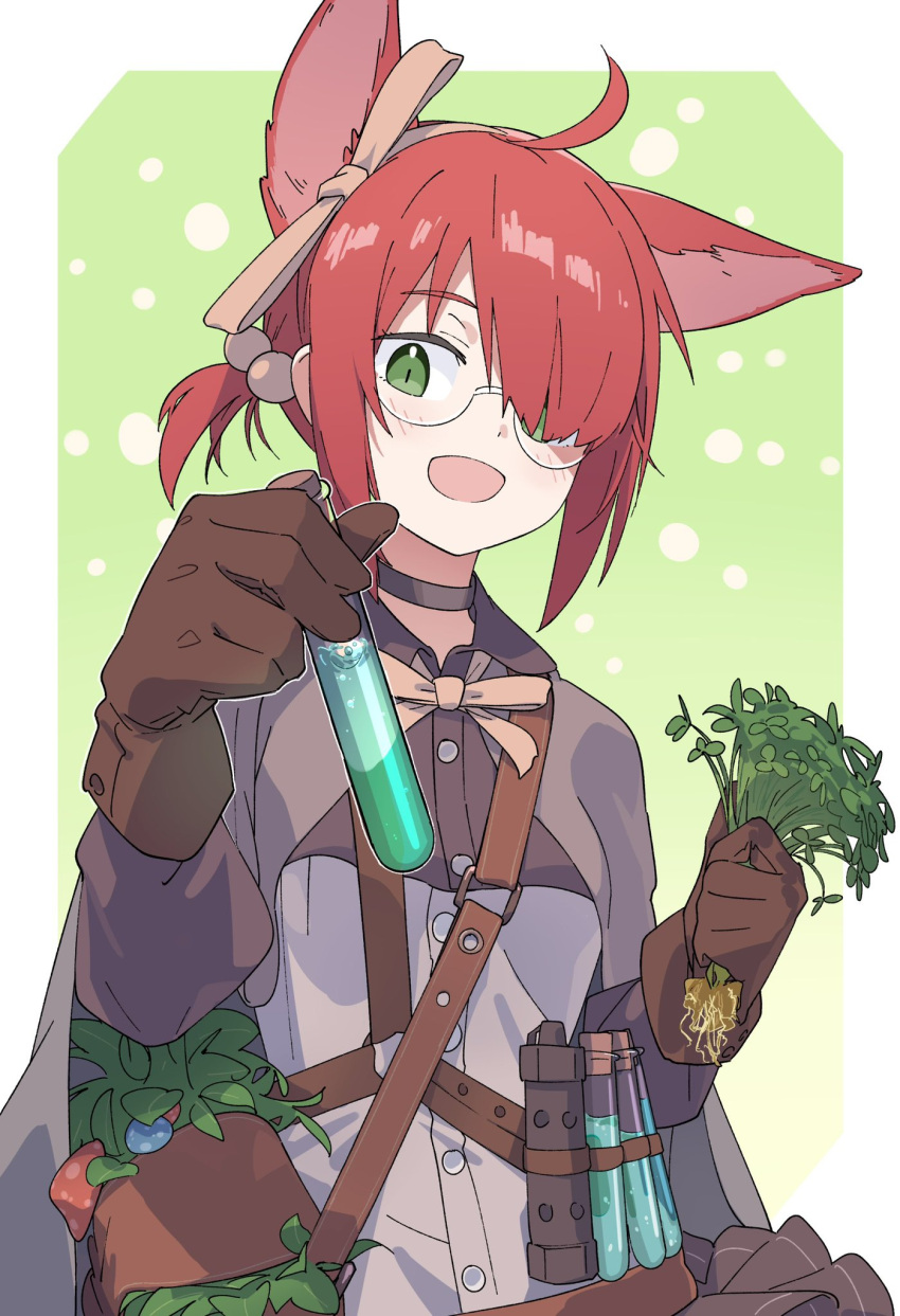 1girl :d ahoge animal_ears arknights bangs black_cloak bow brown_bow brown_gloves brown_hairband cloak commentary_request drawdrawdeimos gloves green_background green_eyes grey_shirt hair_bobbles hair_bow hair_ornament hair_over_one_eye hairband highres holding myrrh_(arknights) plant redhead shirt smile solo two-tone_background upper_body vial white_background