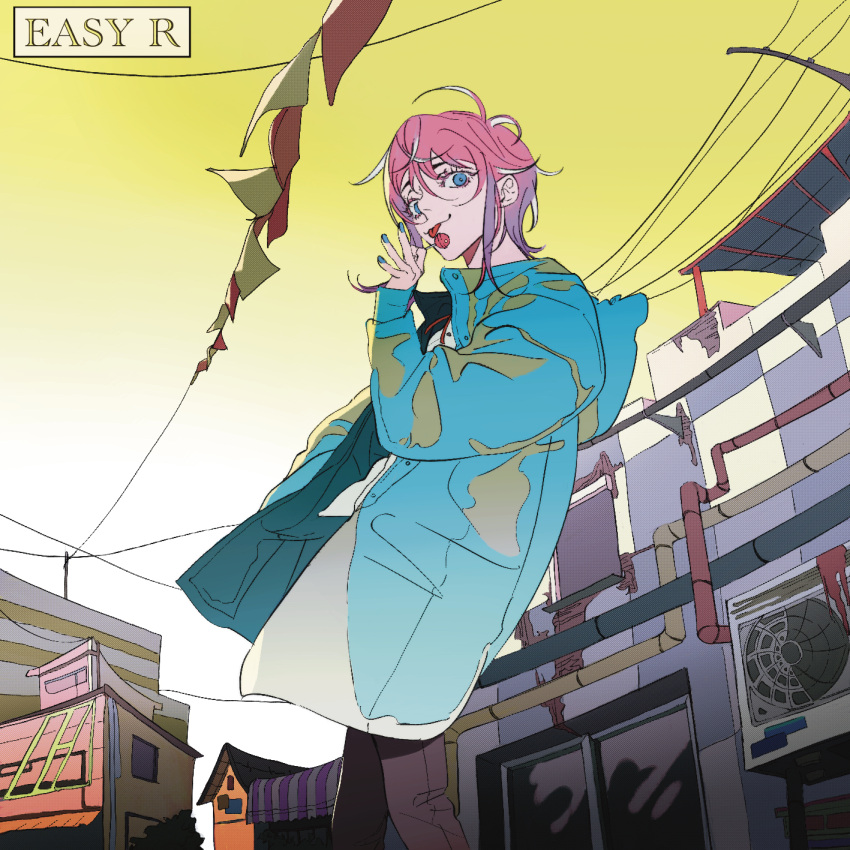 1boy :p amemura_ramuda bangs blue_eyes blue_jacket blue_nails candy city feet_out_of_frame food highres holding holding_candy holding_food holding_lollipop hood hood_down hooded_jacket hypnosis_mic jacket lollipop long_sleeves looking_at_viewer nail_polish open_clothes open_jacket outdoors pink_hair reichio short_hair sidelocks standing symbol-only_commentary tongue tongue_out