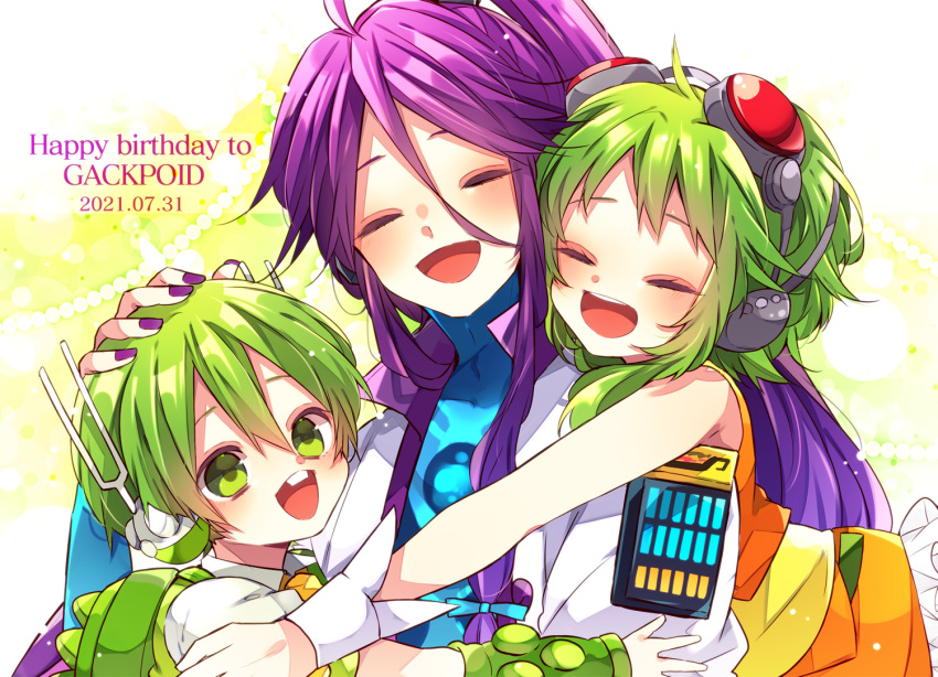 1girl 2boys :d arm_warmers backpack bag bangs belt blush buck_teeth character_name closed_eyes cropped_vest dated facing_viewer frills goggles goggles_on_head green_eyes green_hair gumi hair_ribbon hand_on_another's_head happy_birthday headphones hug jacket kaho_0102 kamui_gakupo layered_clothes long_hair looking_up multiple_boys nail_polish necktie open_mouth ponytail purple_hair ribbon robot_ears ryuuto_(vocaloid) short_hair short_hair_with_long_locks short_sleeves sidelocks smile teeth tress_ribbon turtleneck very_long_hair vest vocaloid wrist_cuffs
