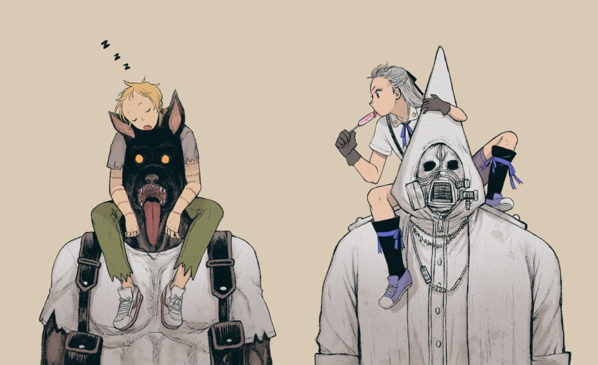 1girl 3boys black_legwear blank_eyes blonde_hair brown_background cable candy carrying dog dorohedoro duston food furry gas_mask gloves green_pants grey_gloves grey_hair grey_shirt guragura hair_ribbon half_updo head_on_head head_rest highres holding holding_food hood hood_up ki_(mxxxx) knee_up kneehighs licking lollipop long_hair mask multiple_boys neck_ribbon noi_(dorohedoro) open_mouth pants purple_footwear purple_ribbon red_eyes ribbon shin_(dorohedoro) shirt shoes shoulder_carry side-by-side simple_background size_difference sleeping sleeping_upright sneakers star_(symbol) stitched_arm stitched_fingers swirl_lollipop toned toned_male tongue tongue_out torn_clothes torn_sleeves white_footwear white_shirt younger zzz