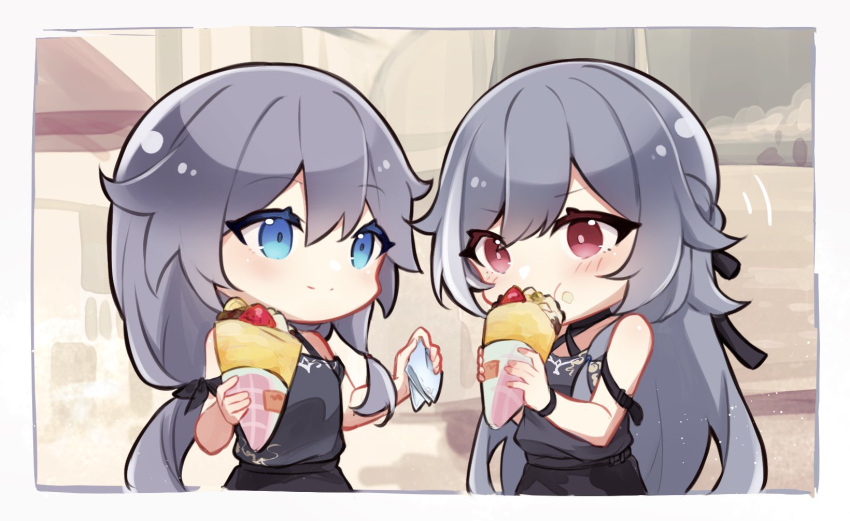 2girls bangs banned_artist bare_shoulders black_hair black_shirt blue_eyes border casual chibi crepe dual_persona food fu_hua fu_hua_(herrscher_of_sentience) highres holding holding_food honkai_(series) honkai_impact_3rd long_hair looking_at_another multiple_girls red_eyes shiki_(shiki1230) shirt sleeveless sleeveless_shirt tissue white_border