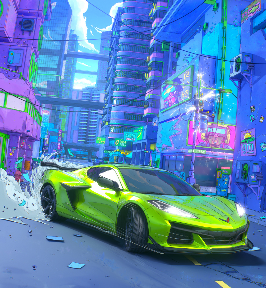 absurdres bridge cable car chevrolet chevrolet_corvette clouds cyberpunk drifting glowing ground_vehicle headlight highres motor_vehicle no_humans official_art original sky solo vehicle_focus xsullo