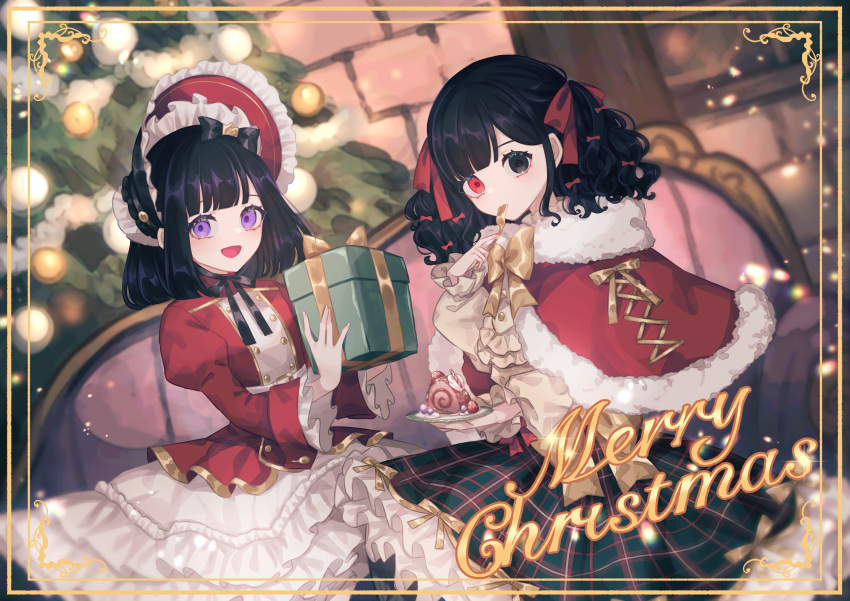 2girls :d absurdres akikawa_higurashi bangs black_eyes black_hair blueberry blunt_bangs blush bonnet border bow bowtie brick_wall cake capelet christmas christmas_ornaments christmas_tree collet_(akikawa_higurashi) couch cream food fork frills fruit fur-trimmed_capelet fur_collar fur_trim hair_bow hair_ribbon hand_up heterochromia highres holding holding_fork holding_plate indoors juliet_sleeves light_particles lolita_fashion long_sleeves looking_at_viewer medium_hair merry_christmas multiple_girls neck_ribbon open_mouth original petticoat plaid plaid_skirt plate puffy_sleeves red_eyes ribbon sitting skirt smile strawberry striped striped_legwear swiss_roll tinsel twintails utensil_in_mouth violet_eyes wafer_stick wavy_hair window