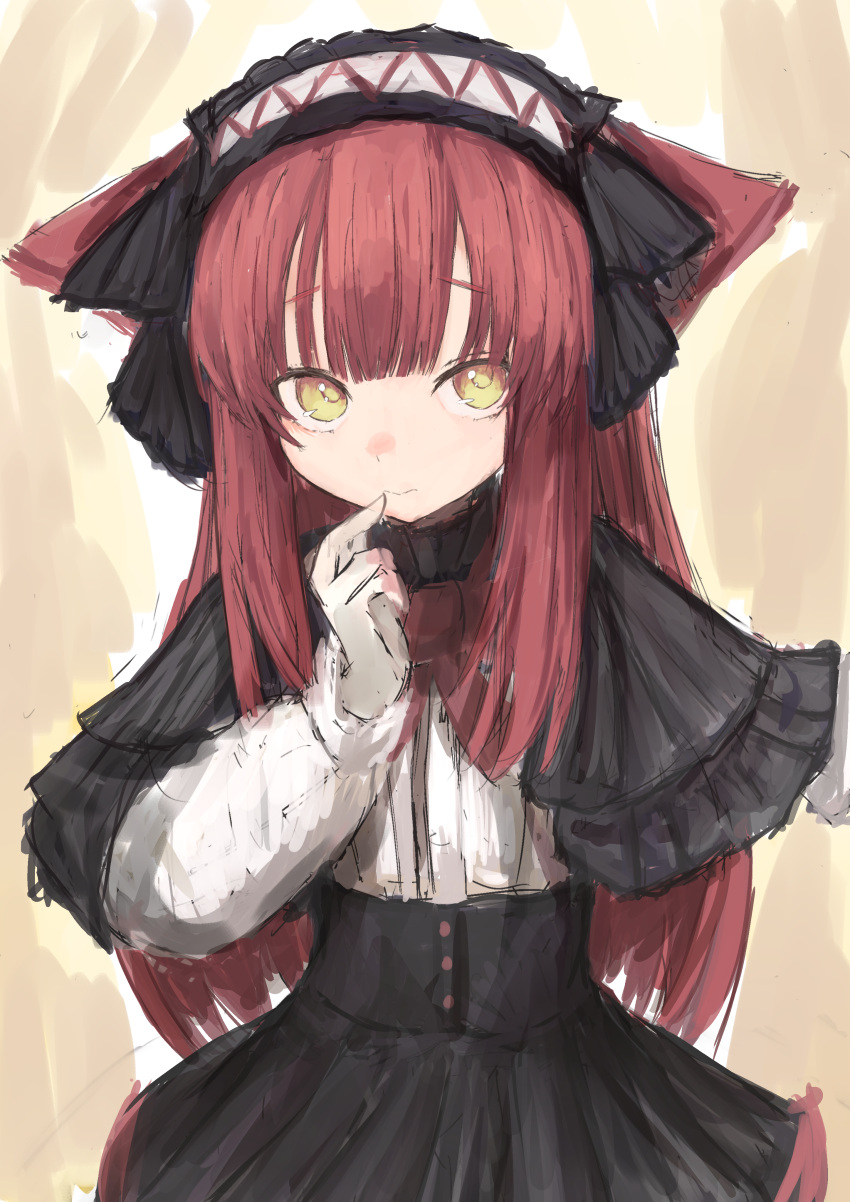 1girl absurdres animal_ears bangs black_capelet black_skirt capelet closed_mouth finger_to_mouth frilled_capelet frills hairband hand_up highres long_hair long_sleeves looking_at_viewer original piennamekuzi puffy_long_sleeves puffy_sleeves redhead shirt sketch skirt solo very_long_hair white_hairband white_shirt yellow_eyes